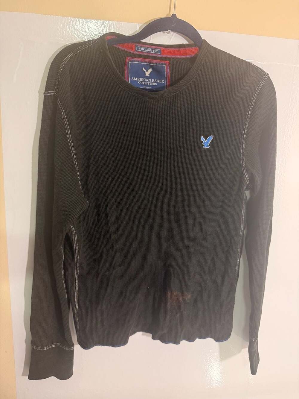 American Eagle Thermal Long Sleeve Shirt Size M Black Waffle Knit